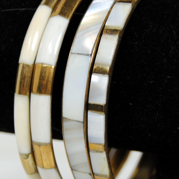 Bangles Mother of Pearl Goldtone Banded Boho - Picture 4 of 5